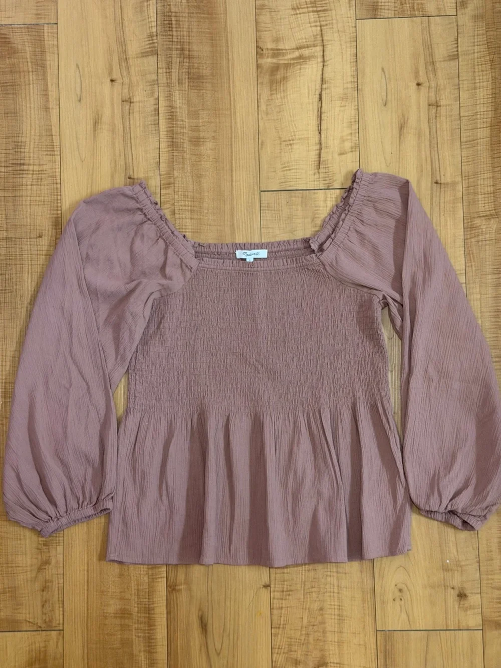 Madewell Smocked Square Neck Puff Sleeve Peplum Top in Dusty Rose